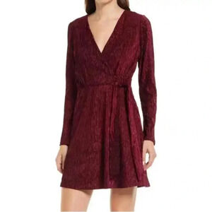 Adelyn Rae Velvet Ribbed Wrap Dress Maroon Long Sleeves